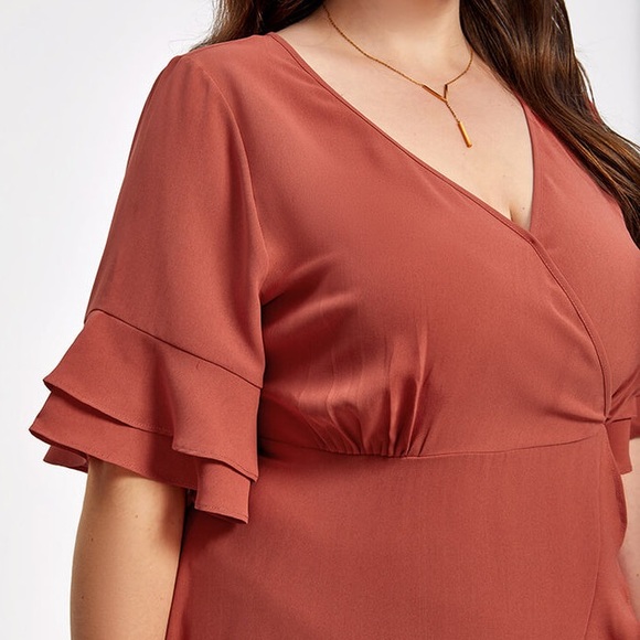 Faux Wrap Midi Dress Ruffle Short Sleeve Burnt Orange Size 2X - Picture 3 of 14